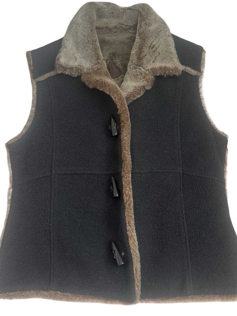 Fjallraven Retro Dark Brown Fleece Vest with Faux Shearling Trim & Interior